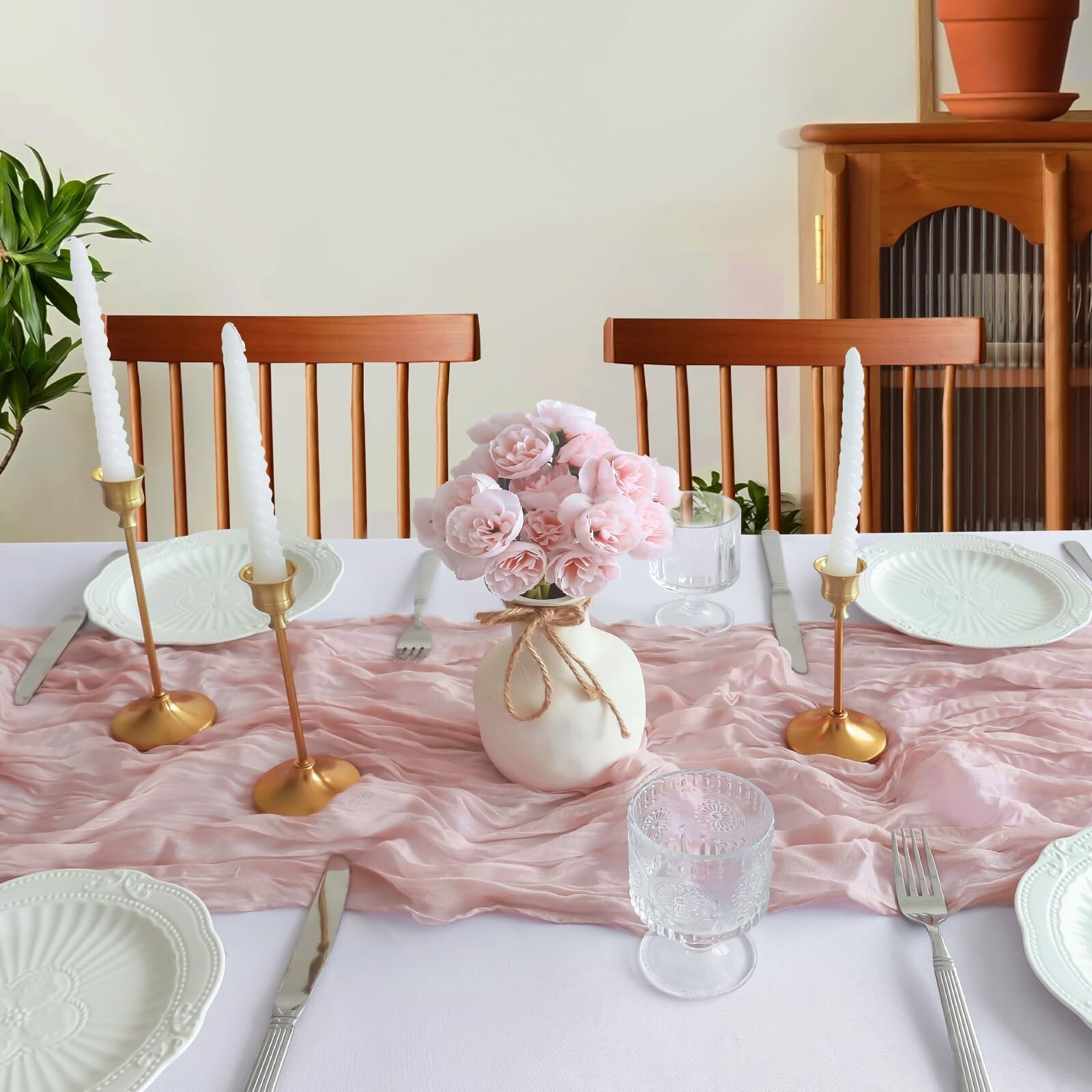 Pink Cheesecloth Table Runner, 10FT Dusty Pink Summer Boho Gauze Table Runner...