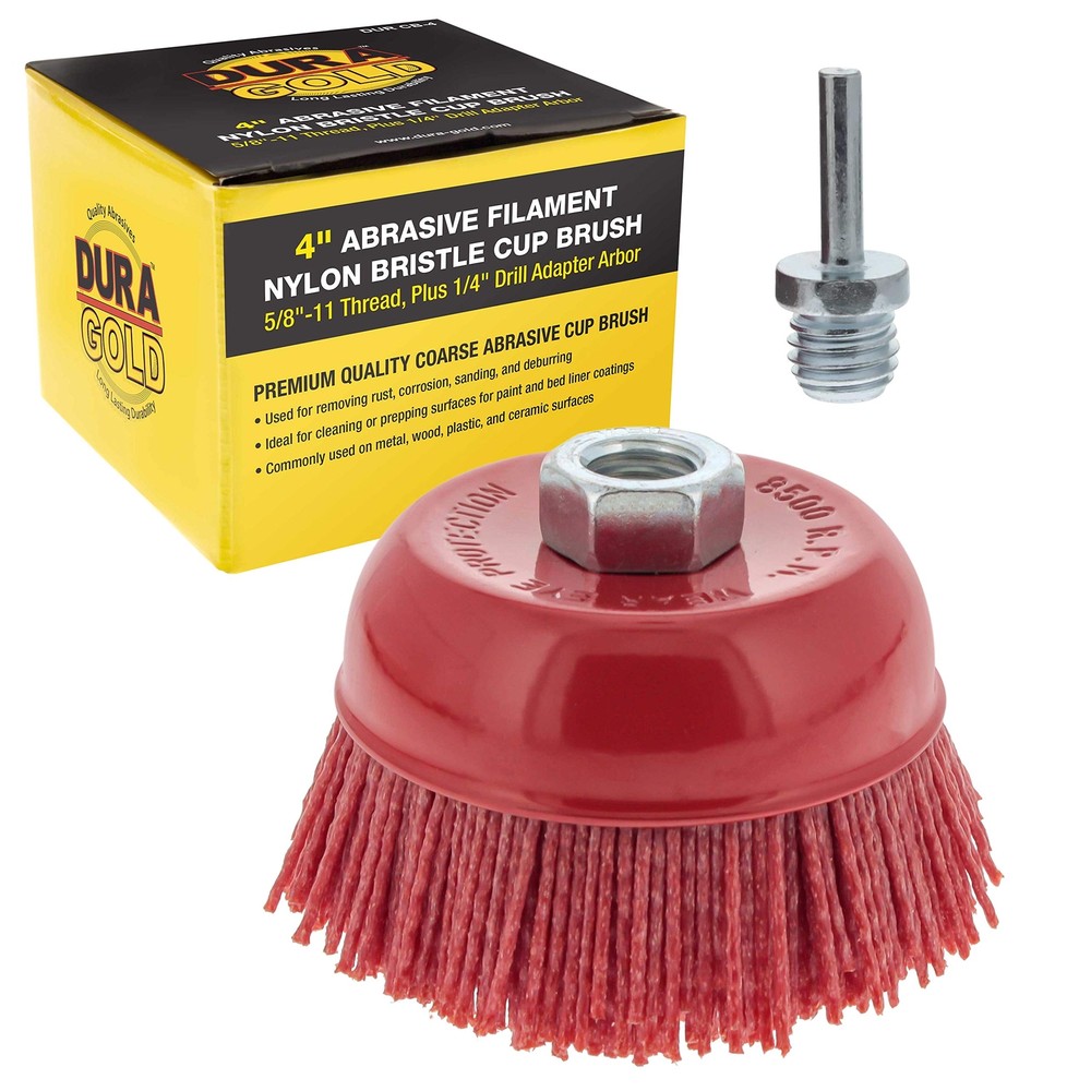 4" Abrasive Filament Nylon Bristle Cup Brush - 5/8" 11 Thread, 1/4" Hex Drill
