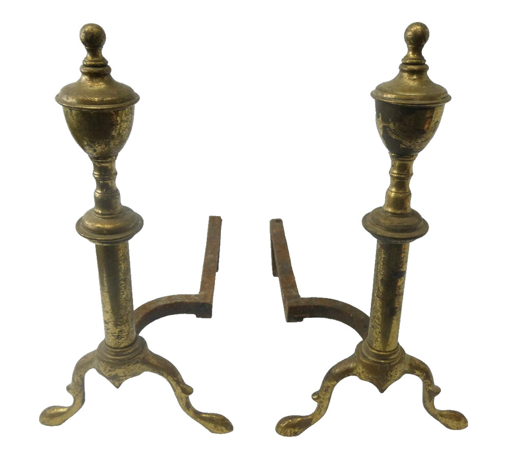 Pair of Used Cast Iron Brass Rustic Fireplace Andirons Holders