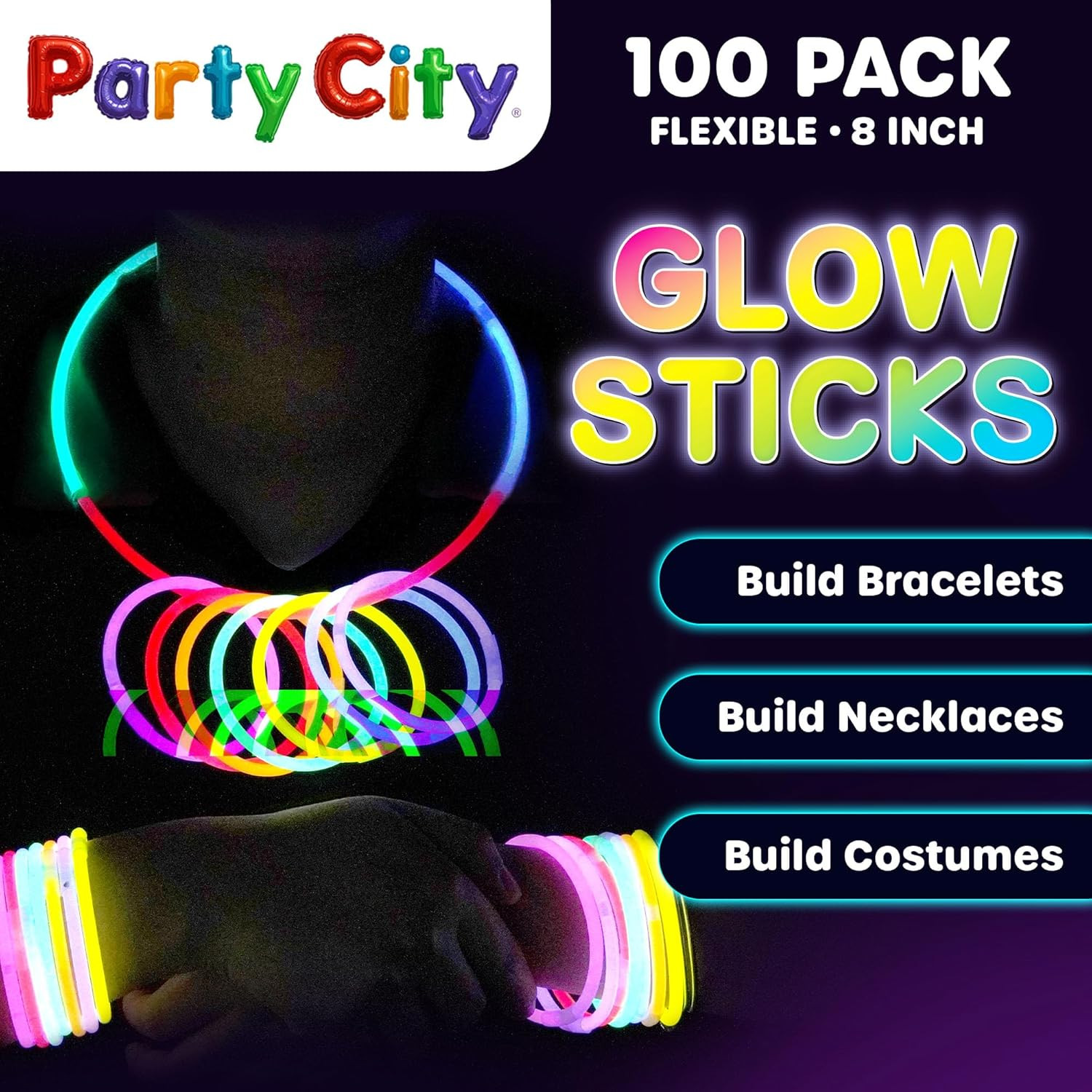 100 Glow Sticks Bulk Party Pack 8”– Neon Glow in the Dark Party Supplies, Glowst