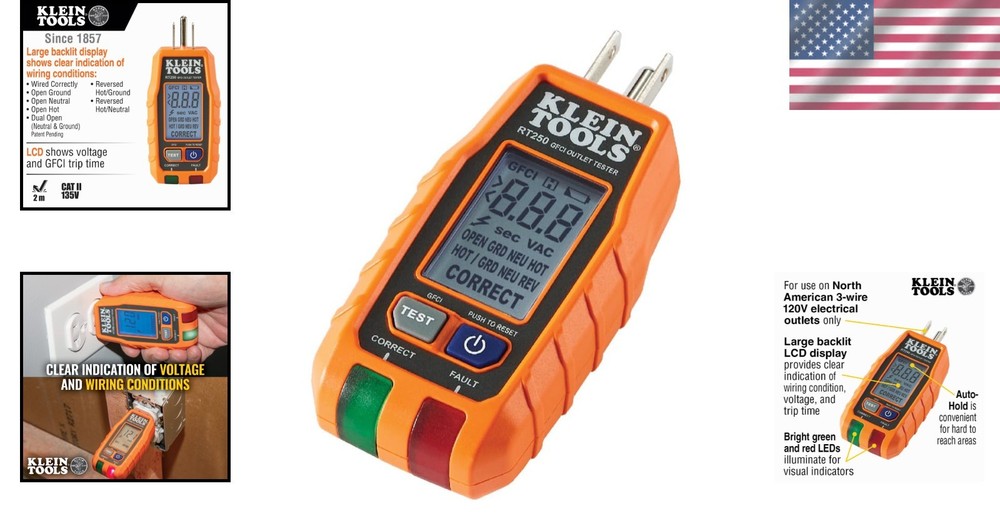 Compact GFCI Tester with LCD Display and Trip Time for Quick Fault Detection