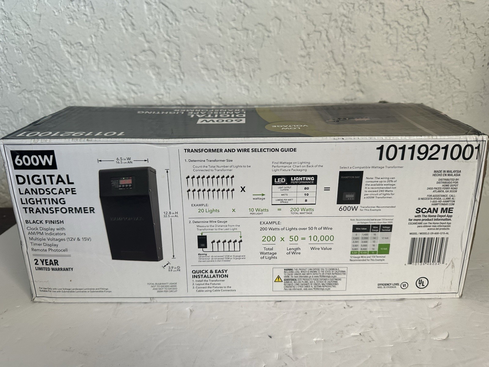 Hampton Bay 600W Low Voltage Landscape Digital Transformer ER-600-1215-AL New