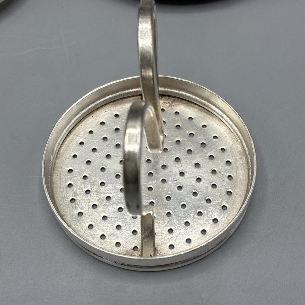Silver Plate Tea Strainer Press Cup Handle Lid 3pc Marked