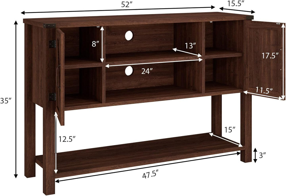 Modern Brown Console Table Buffet with Storage Cabinets and Bottom Shelf