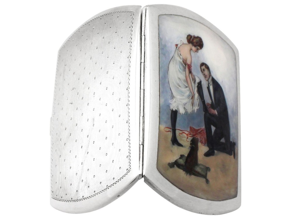 Antique Circa 1920 German Silver and Enamel Cigarette Case