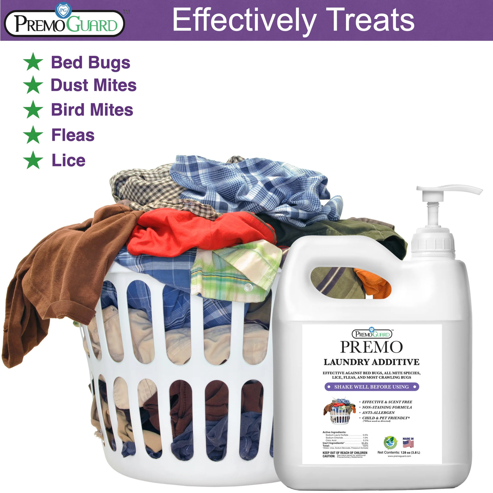 Bed Bug & Mite Killer Laundry Additive-128 oz-Natural Non-Toxic-By Premo Guard