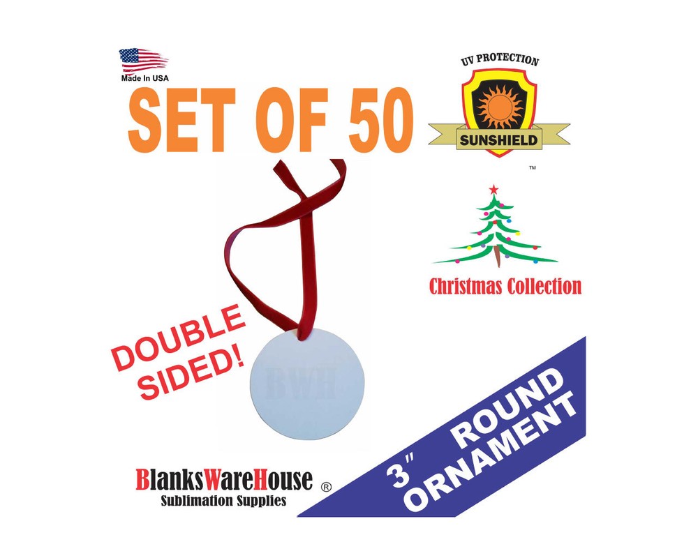 3" CIRCLE, SUBLIMATION BLANK, CHRISTMAS ORNAMENT - 50 PC, dye sub DOUBLE SIDED