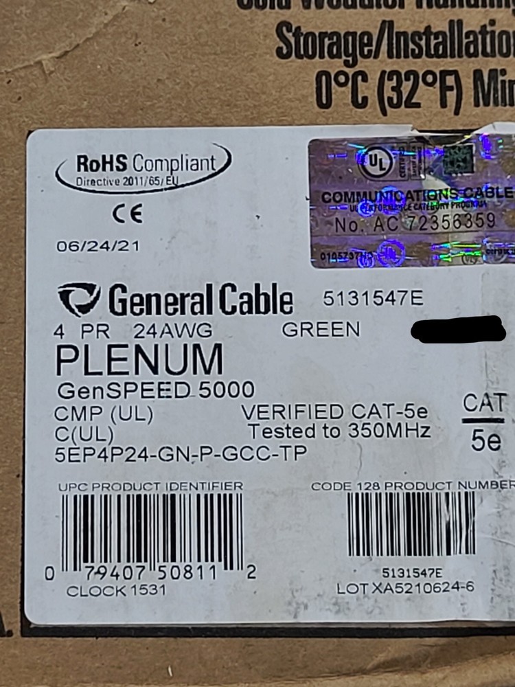 General Cable GenSPEED 5000 24/4P Cat5E UTP Plenum Network Cable CMP Green/100ft