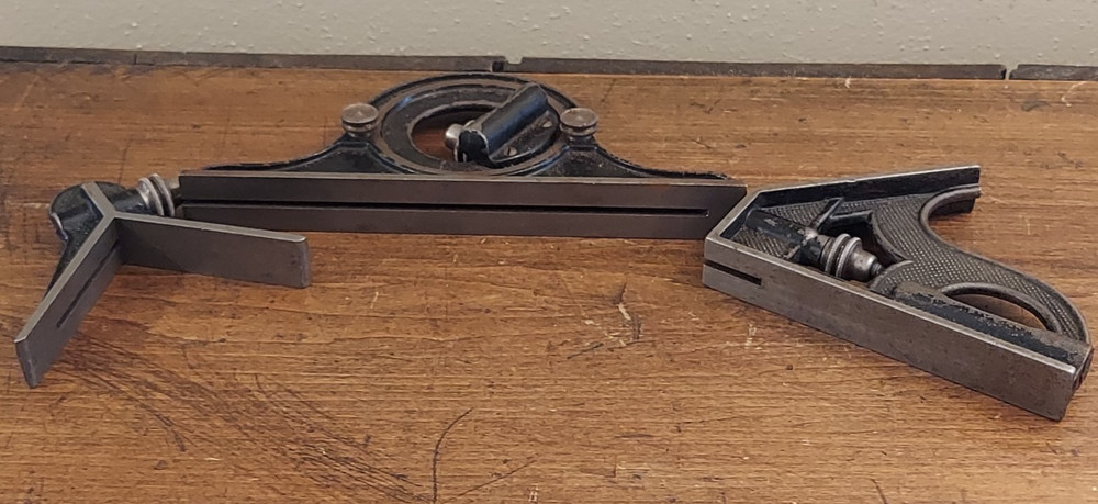 Vtg Starrett Combination Square w/ No. 490 Protractor + Center Head
