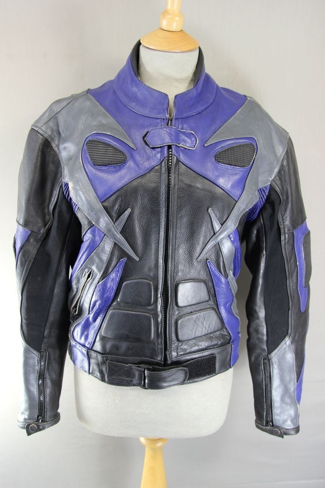 CLASSIC BLACK, BLUE & SILVER LEATHER BIKER JACKET 38 INCH/SMALL