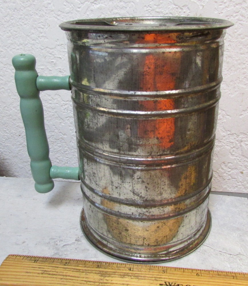 Vintage Bromwells Multiple Flour Sifter, wood handle, two lids, kitchen decor