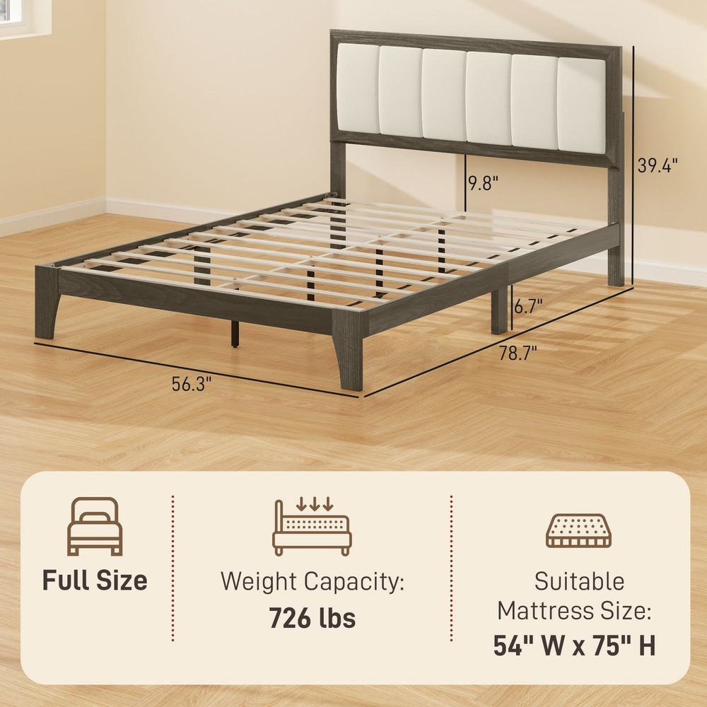 Full Size Bed Frame with Upholstered Headboard, Platform Bed Frame, Gray