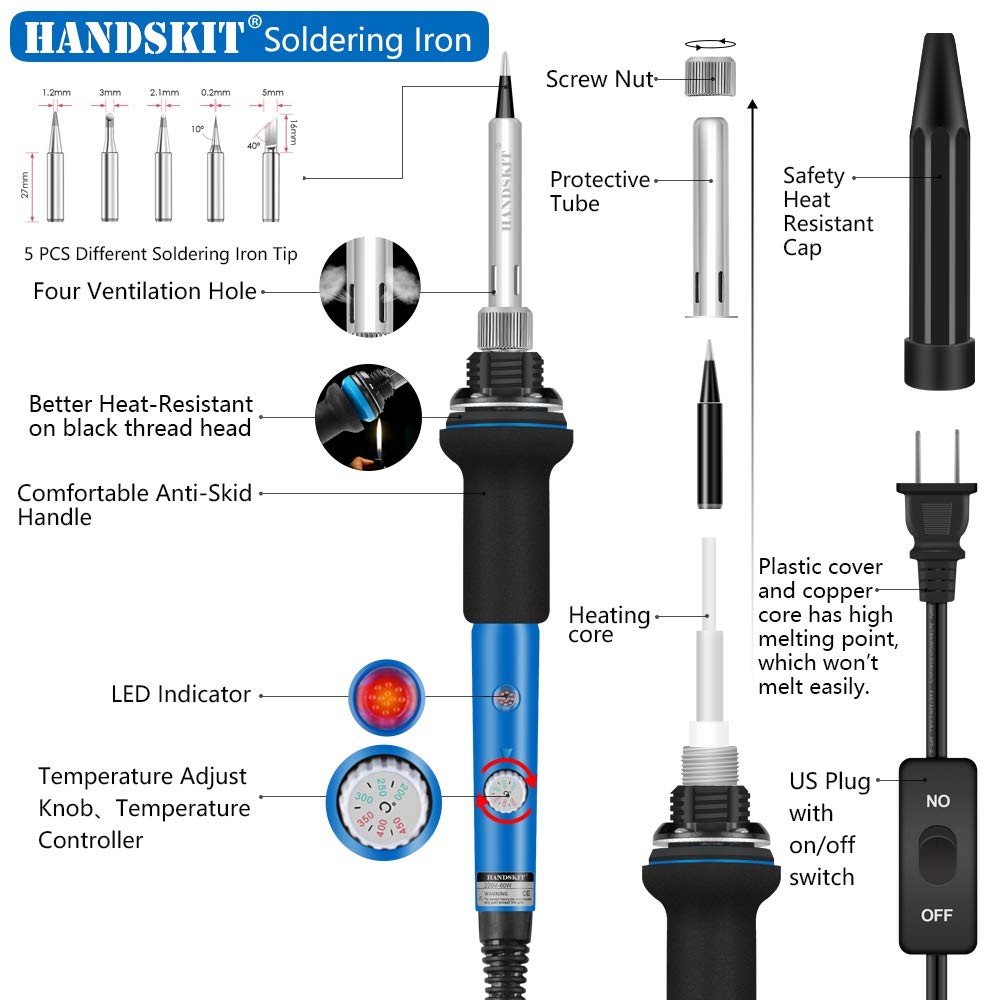 Soldering Iron, Iron Kit Electronics, 60W Adjustable Temperature Si