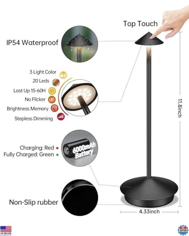 Portable Led Cordless Lamp Table Light 2 Pack, Rechargeable 6000mAh Battery
