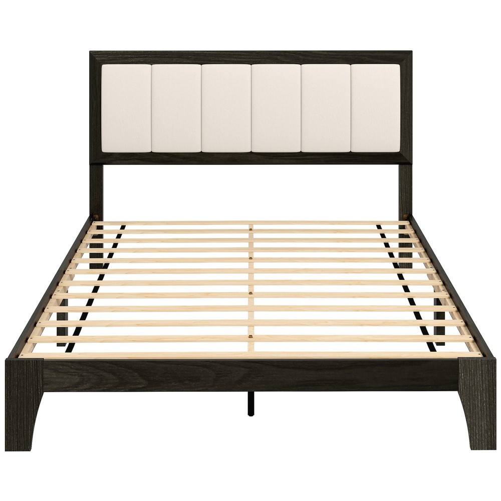 Full Size Bed Frame with Upholstered Headboard, Platform Bed Frame, Gray