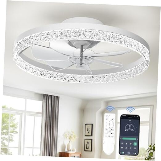 Ceiling Fan with Light, 20" Foldable Ceiling Fans, Stepless Crystal White