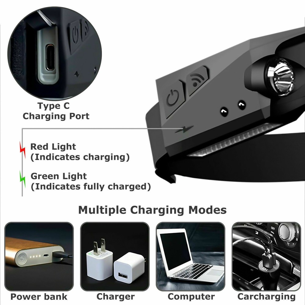 2PC COB LED Headlamp Headlight Band Torch Flashlight USB Rechargeable Waterproof