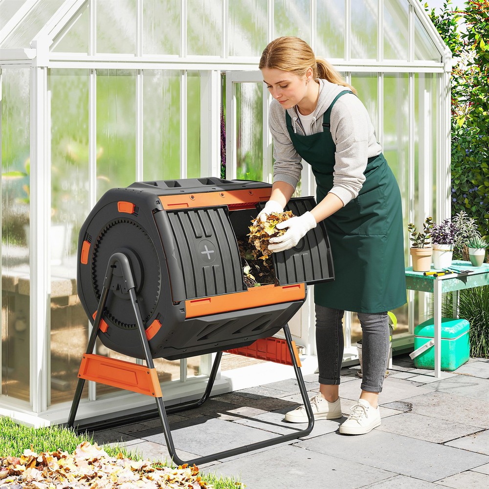 Compost Bin Outdoor, 53 Gal Dual Chamber Tumbling Compost, Orange