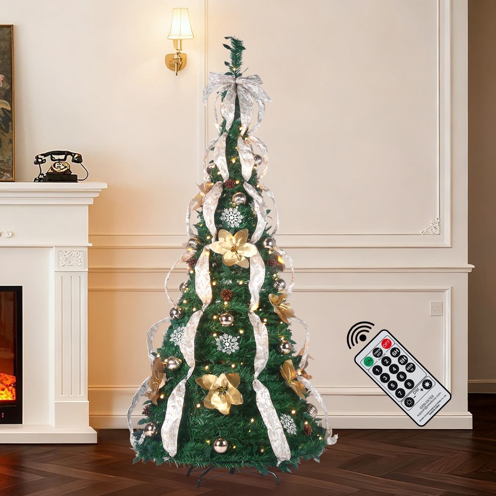 6/6.5Ft Pull Up Christmas Tree Artificial Xmas Trees with Prelit Lights & Remote