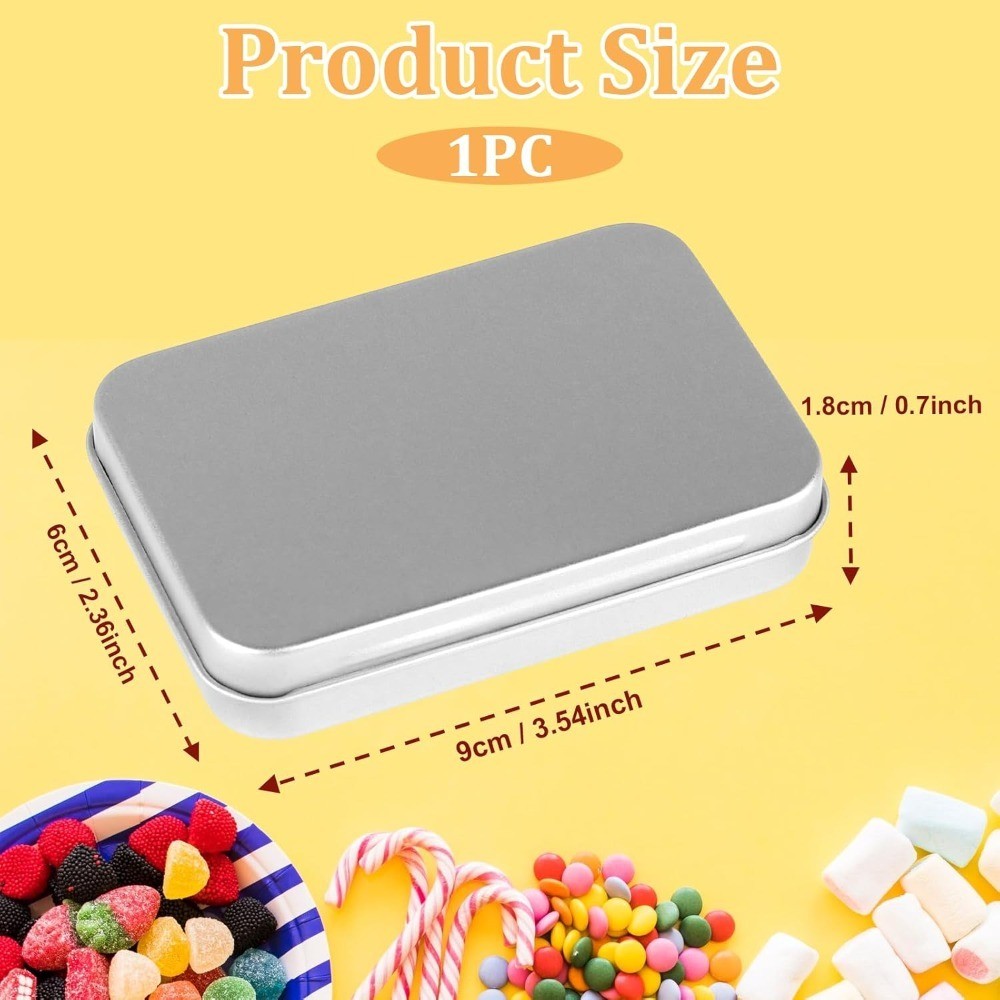 Hinged Lid Rectangular Small Metal Storage Tin Box Silver Portable Container