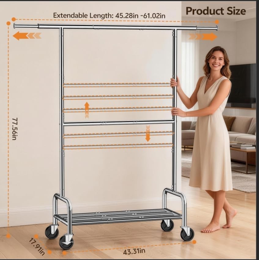 Heavy Duty Clothes Rack Load 660 LBS , Rolling Garment Rack with Lockable Whe...