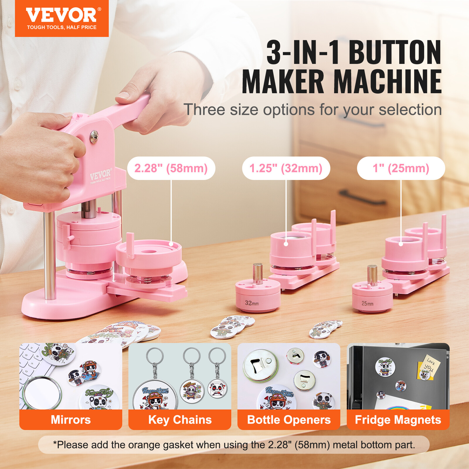 VEVOR Button Maker Machine Pin Badge Maker 1/1.25/2.28 inch 3-in-1 Pink for DIY