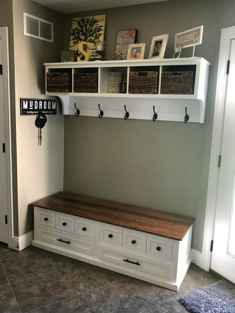 Entryway Cubby and Bench, Wall Storage Cubical with Matching Bench, Hallway Coat