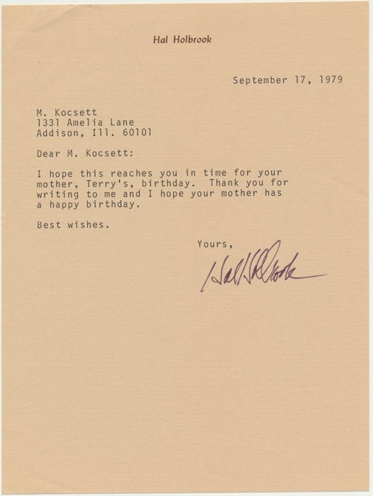 Hal HOLBROOK / Typed Note Signed / Unsigned Photograph