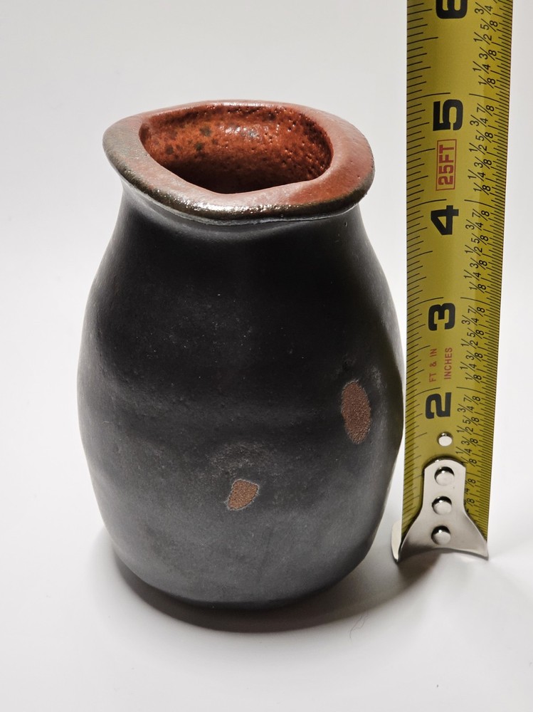 Black Ceramic Vase Brown Inside Glazed Inside & Top Signed About 4.5" High