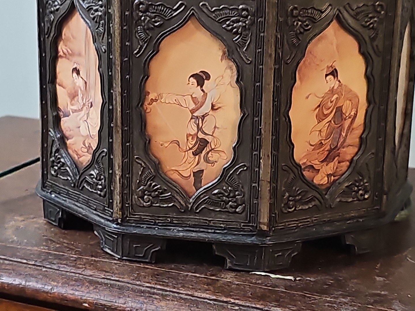 Antique Pewter Tea Caddy Canister w/ 18 Glass Scenes Reverse Painted Panels LAMP