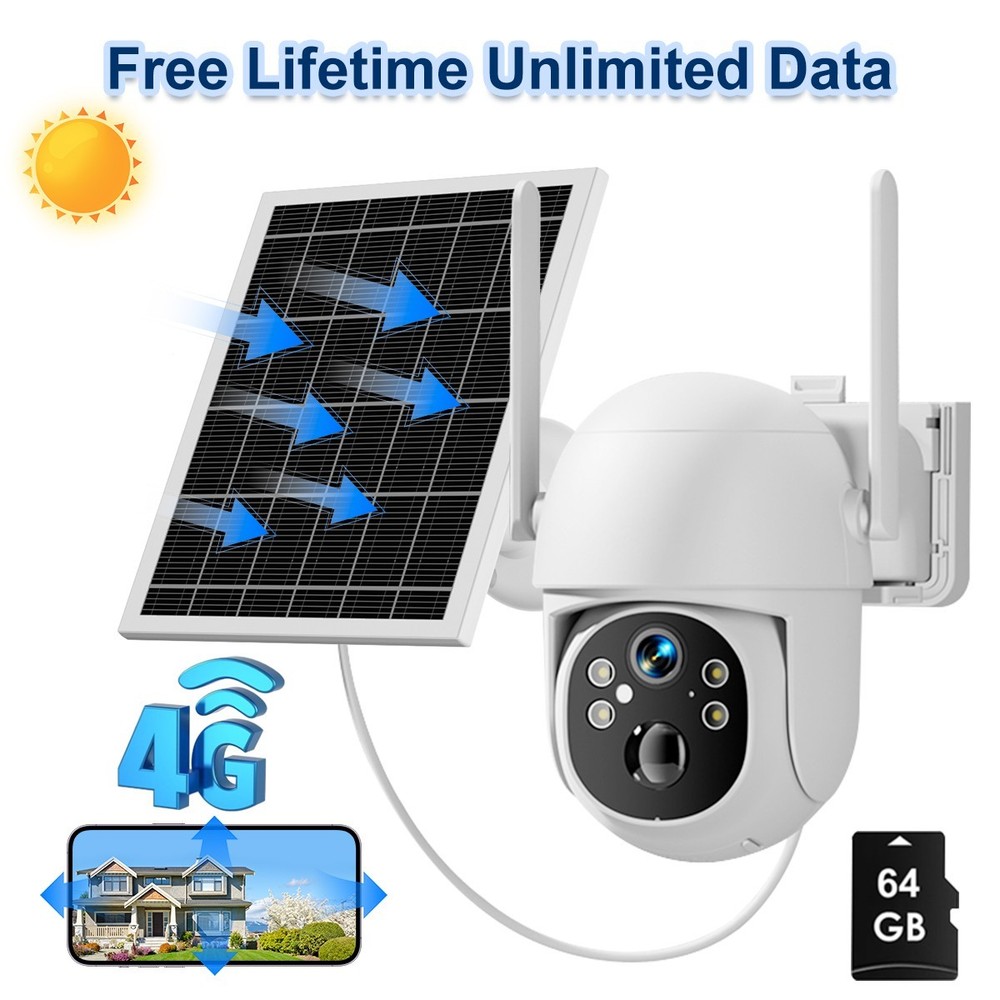 3MP 4G LTE Cellular Solar Security Camera PIR Motion Sensor Free Unlimited Data