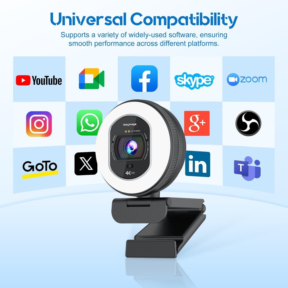 4K Webcam with Ring Light Web Cam 4K Autofocus with TOF Computer Camera 1080P...
