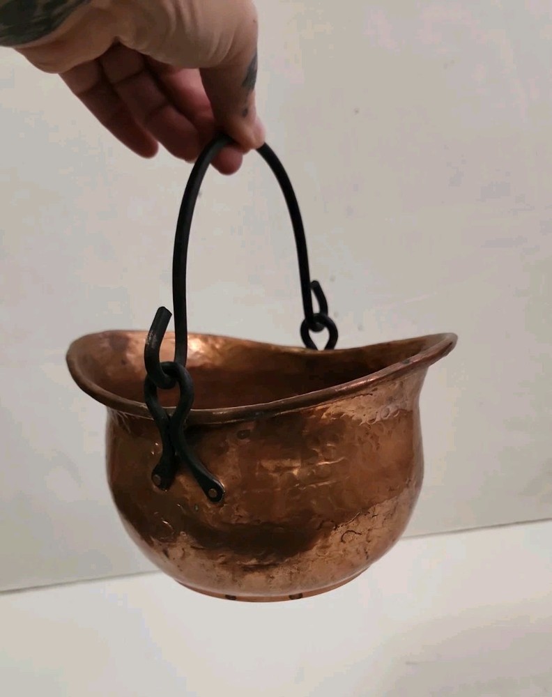 Hammered Copper Pot Hanging Cauldron Rustic Primitive Decor Black Iron Handle