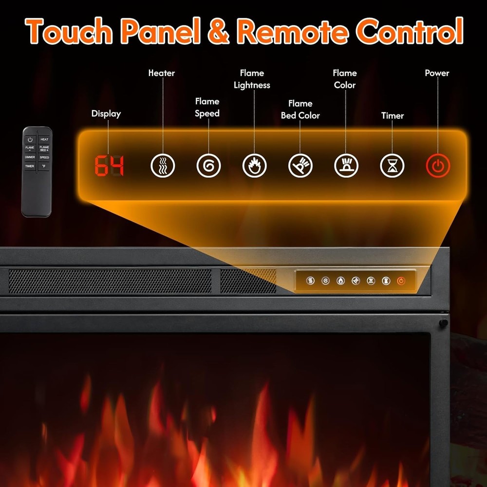 39" Electric Fireplace Insert with Realistic Flame & Logs, Recess