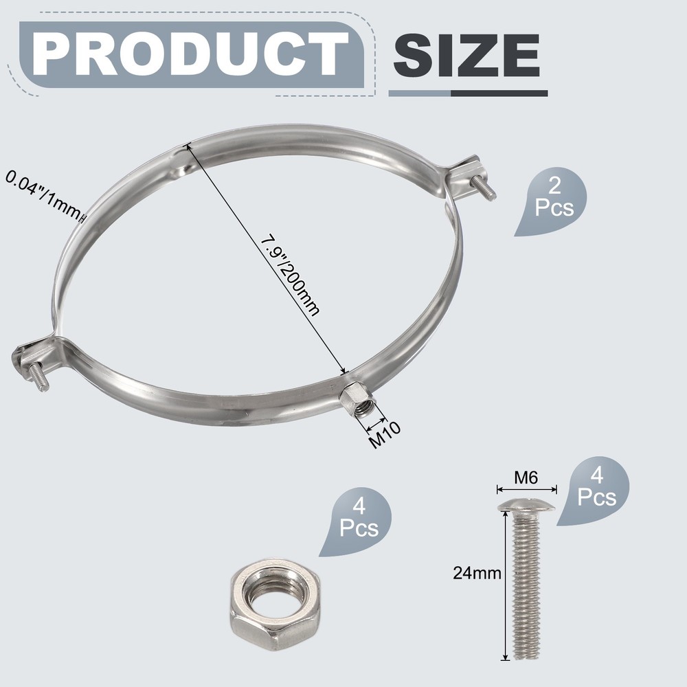 2pcs 201 Stainless Steel 7.9"/200mm Pipe Strap Clamp, Silver