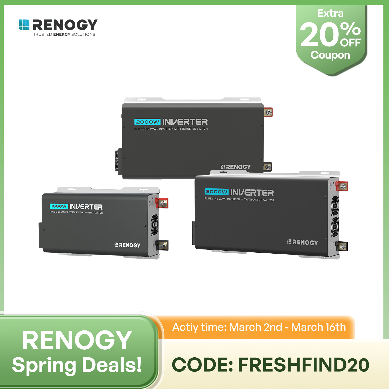 Renogy Power Inverter Pure Sine Wave 12V 3000W 2000W 1000W W/UPS Transfer Switch