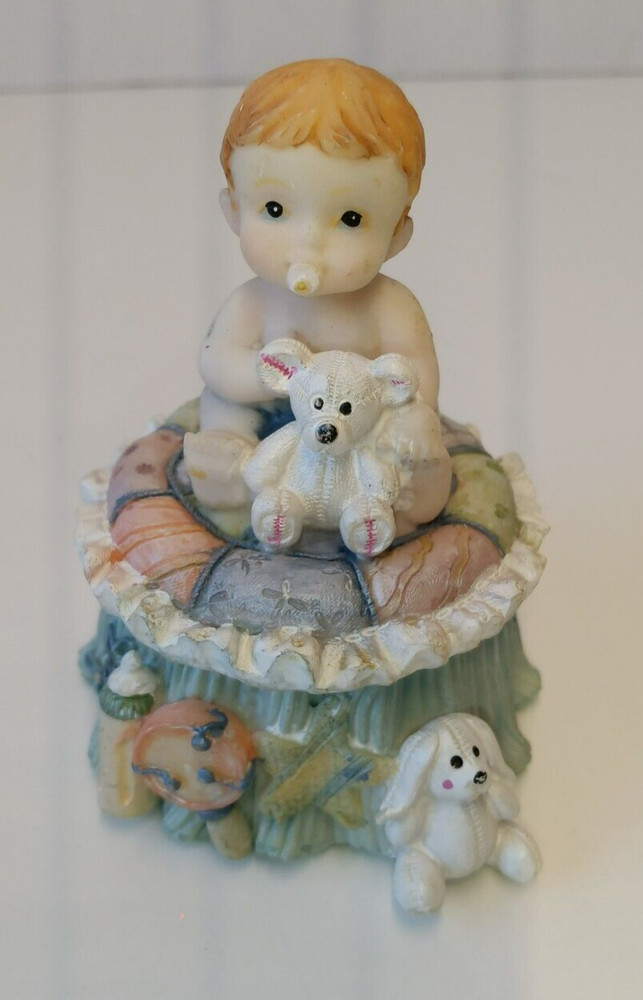 Baby with Teddy Bear Trinket Box 4" Tall
