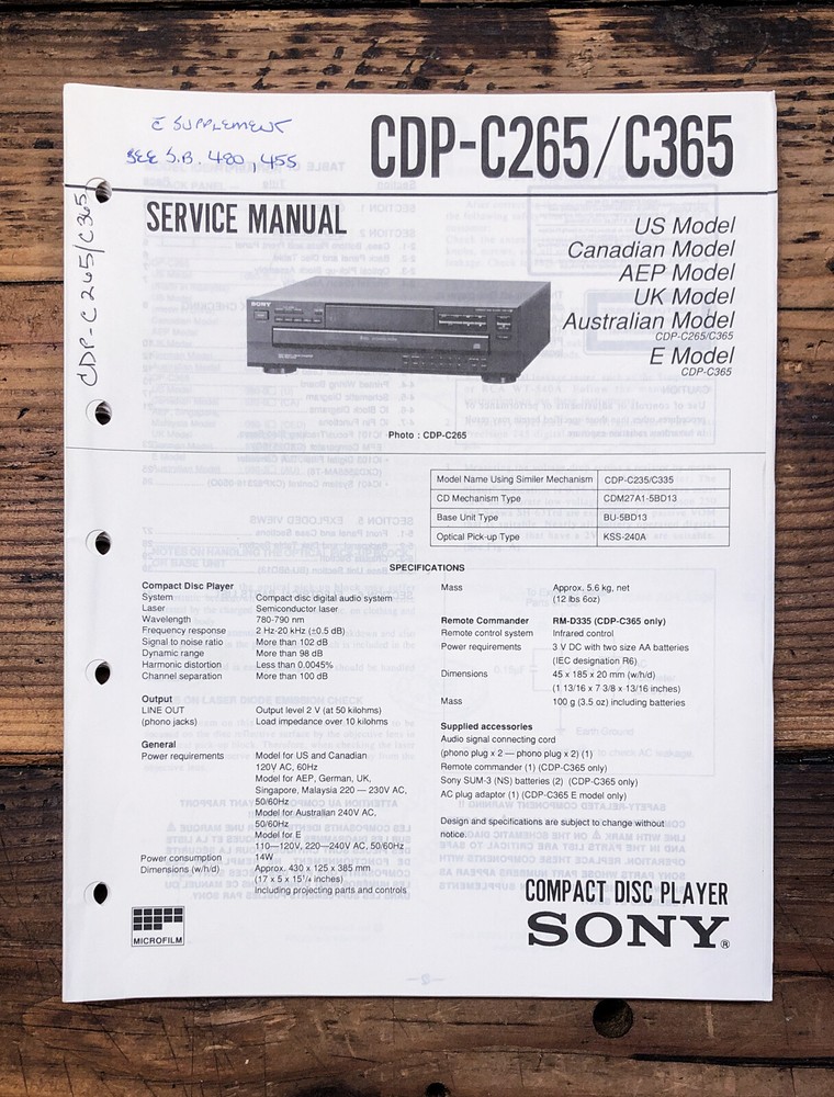 Sony CDP-C265 CDP-C365 CD Player  Service Manual *Original*