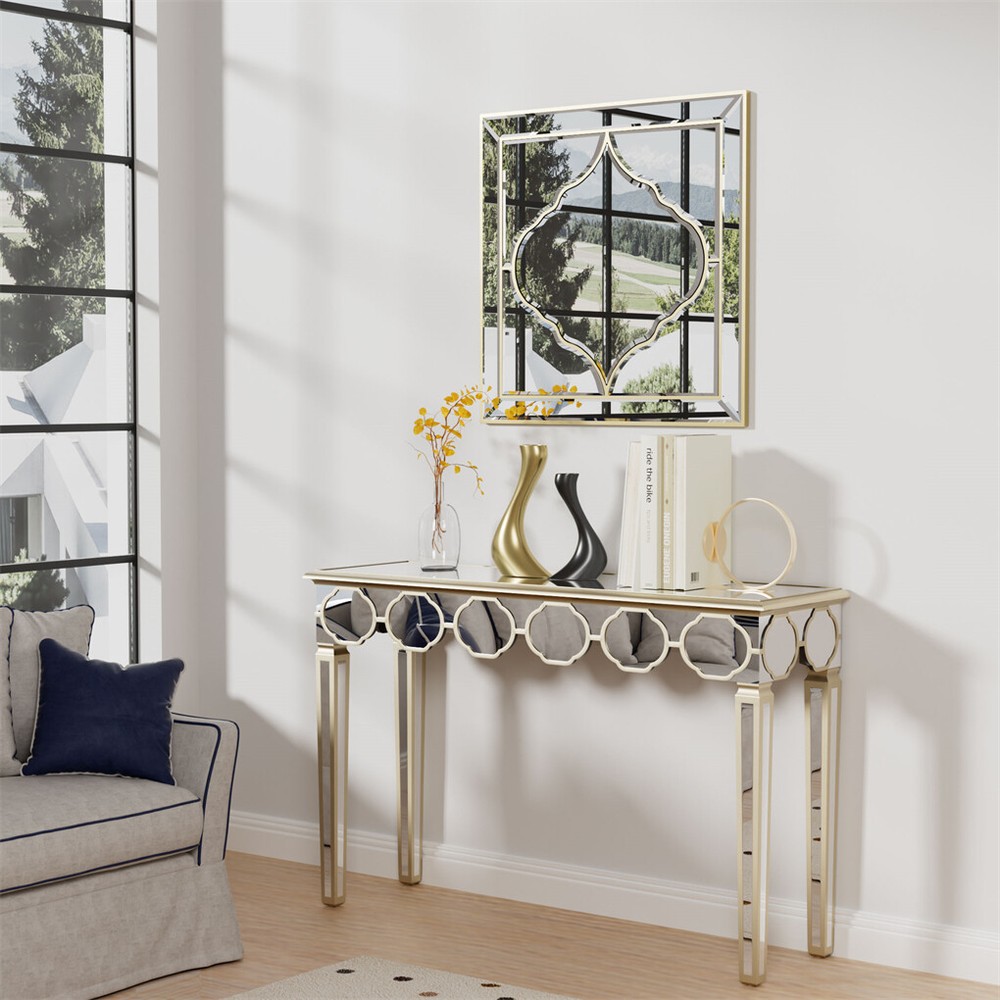 Delicate Mirror Console Table Gold Trim Vanity Table with Stable Tapered Legs