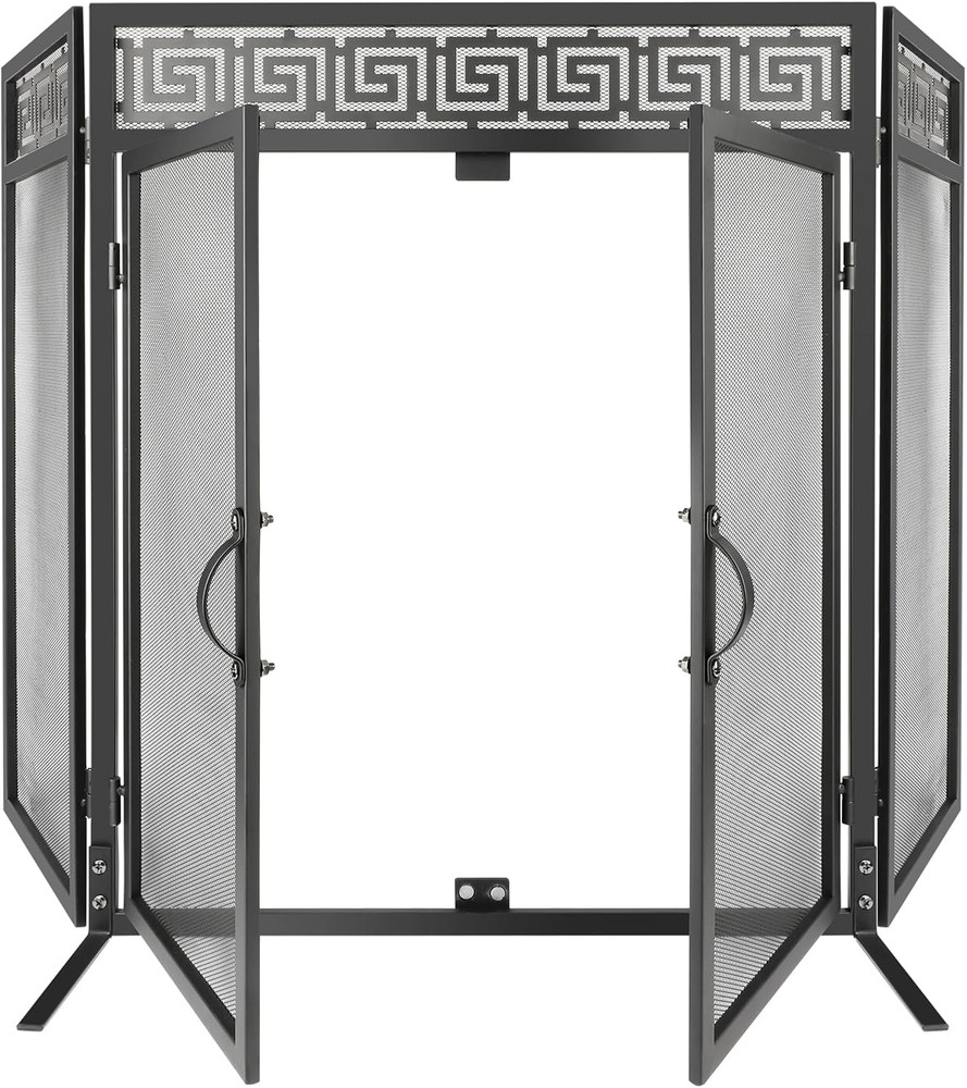 Extra Large 3-Panel Fireplace Screen with Magnetic Doors for Indoor/Outdoor Use