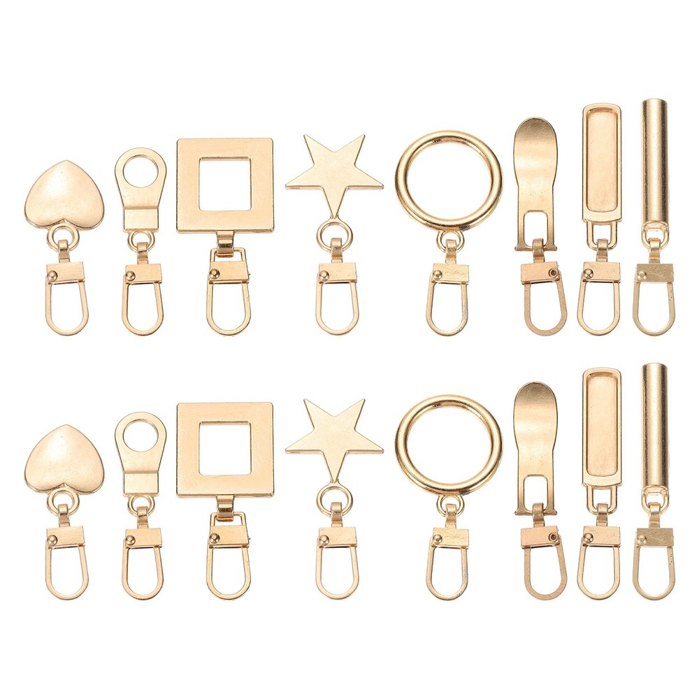 16 Pcs Zipper Pull, 1.77 Inch Metal 8 Type Zip Puller Zipper, Gold