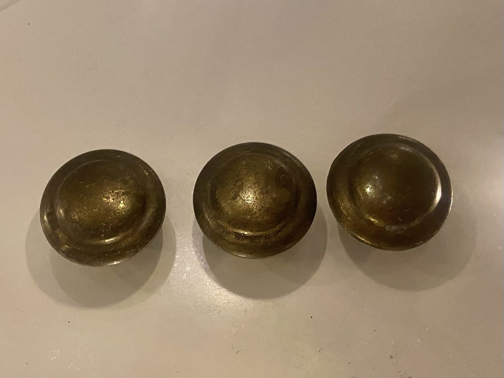 3 Antique Solid Brass Knobs 7/8” Diameter Drawer Or Cabinet Hardware