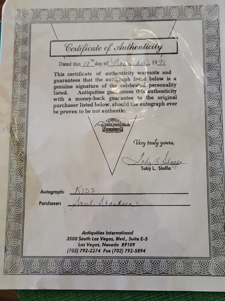 SIGNED KISS BAND MEMOROBILIA FRAMED FROM VEGAS