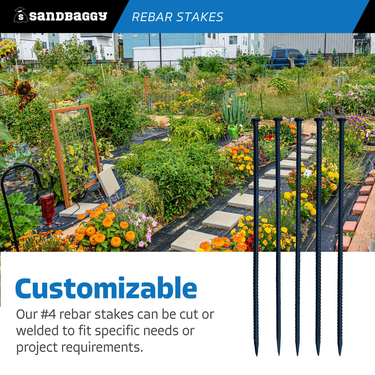 Sandbaggy 24" Steel Rebar Stakes with Nail Head - Garden Stakes (#4 Rebar)