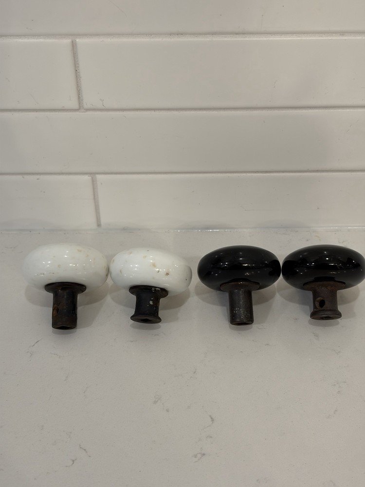 Porcelain Door Knobs – Two Speckled White And Too Black – Four Total