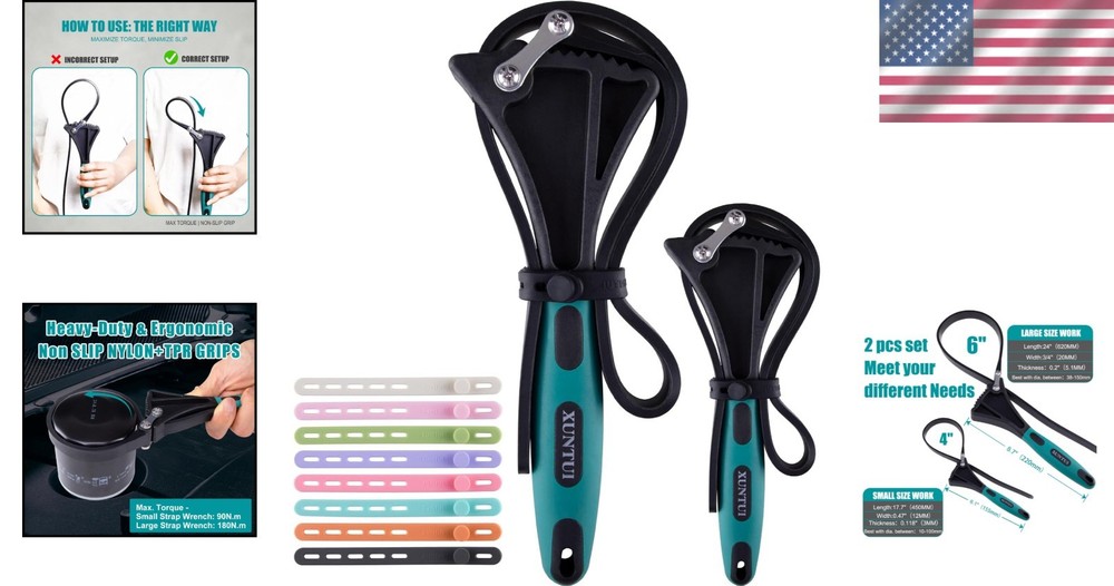 Rubber Strap Wrench Set 2pc Adjustable Anti‑Slip 4" & 6" Pipe Tool