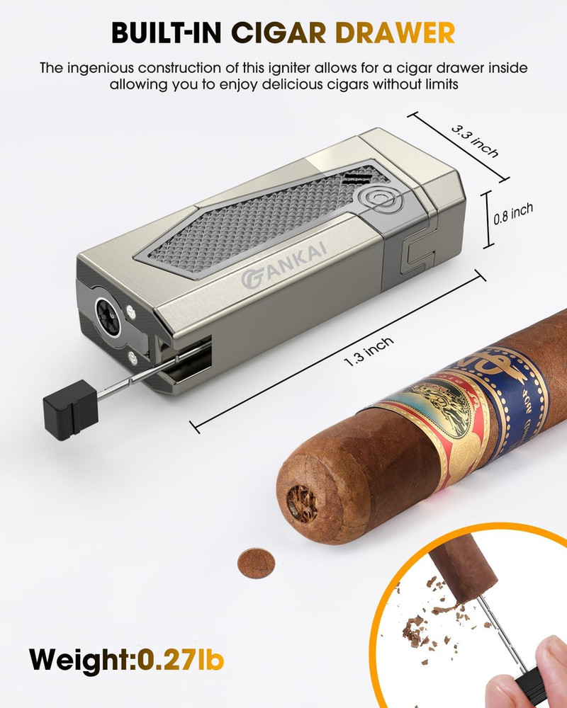 Cigar Lighter 4-Torch Jet Flame - Cigar Punch, Holder, Draw Enhancer, Windproof