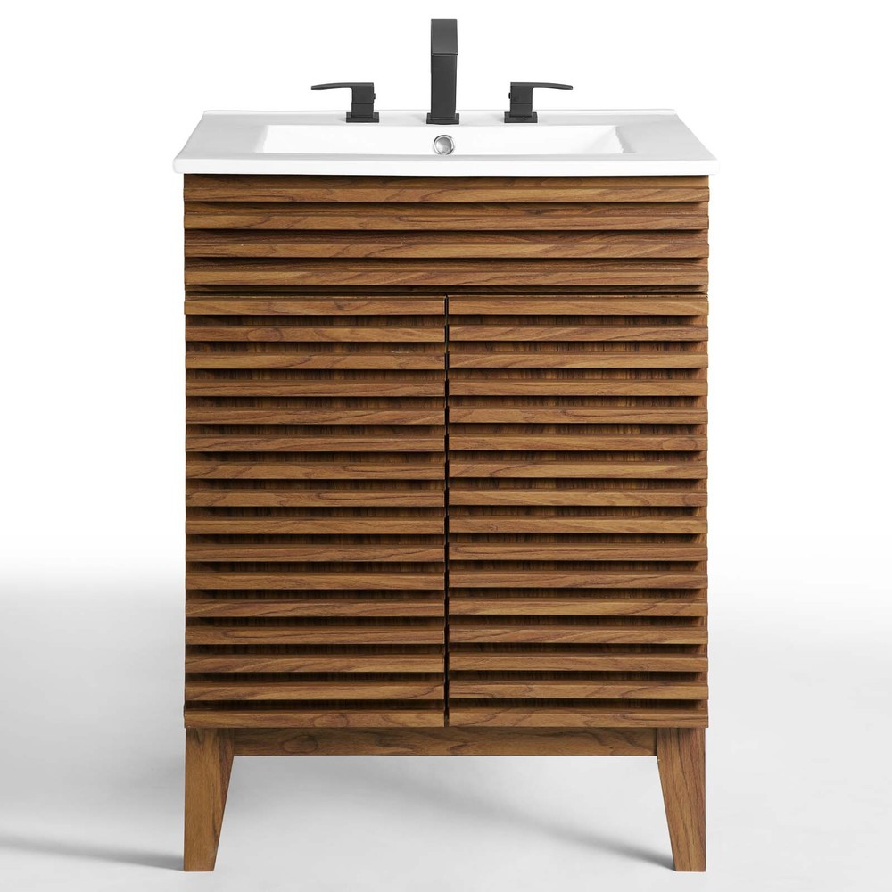 Modway Render Mid-Century Bathroom Vanity With Sink in Walnut White