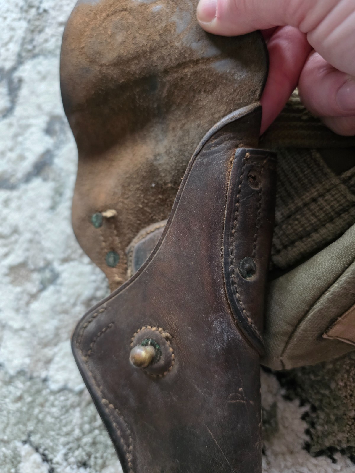 WWII era field gear lot .45 leather pistol holster canteen cover belt etc