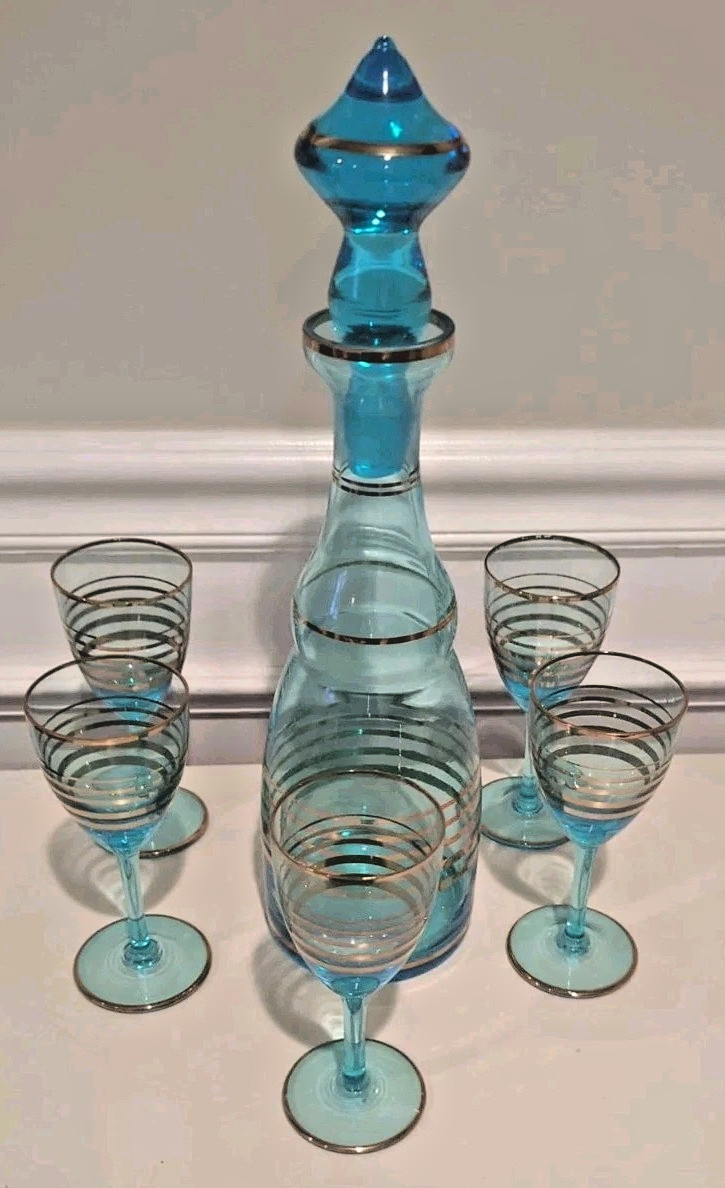 MCM Vintage Teal Blue & Gold Romanian Glass Decanter 4 Cordial Glasses 7 pc Set
